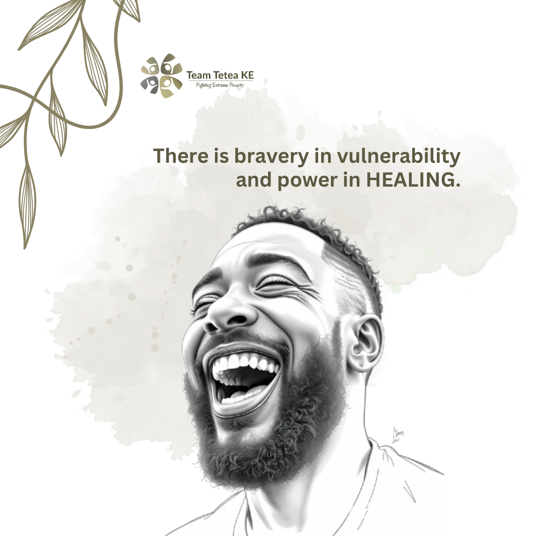 A happy man with a beard is laughing with his eyes closed. The words above him say: “There is bravery in vulnerability and power in HEALING.” The background is soft and light, with the Team Tetea CBO logo in the top left corner.
